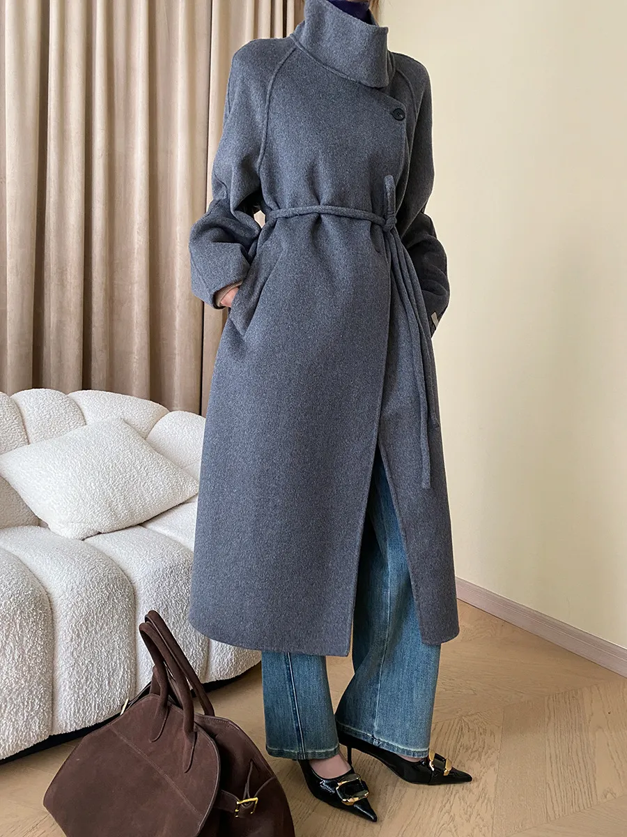 Cape style standing collar full wool double-sided woolen coat jacket with a luxurious and long feel