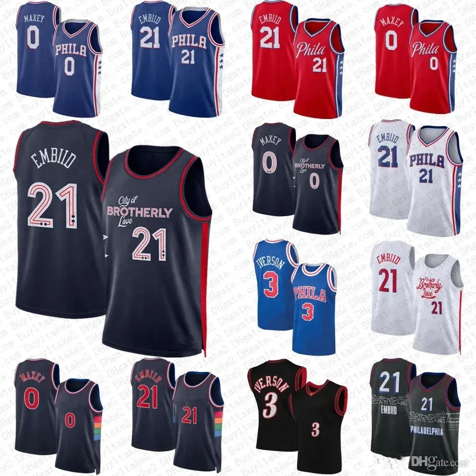 21 BASKETBALL JERSEY 2023 2024 City Jerseys White Blue Shirt 0 3 6Joel Embiid Mens Allen Iverson Sixer Blacktyrese Maxey Basketball Jersey