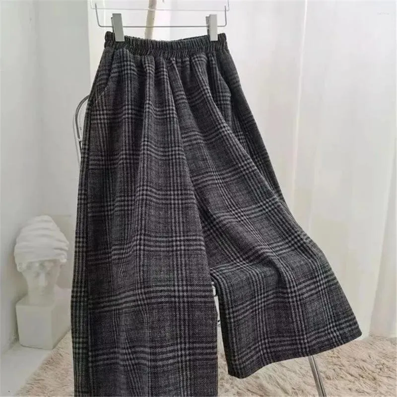 Women's Pants Wide Leg Loose Plaid Women Wool Autumn Winter Warm Thick Elastic High Waist Calf-Length Casual Office Lady Skirt