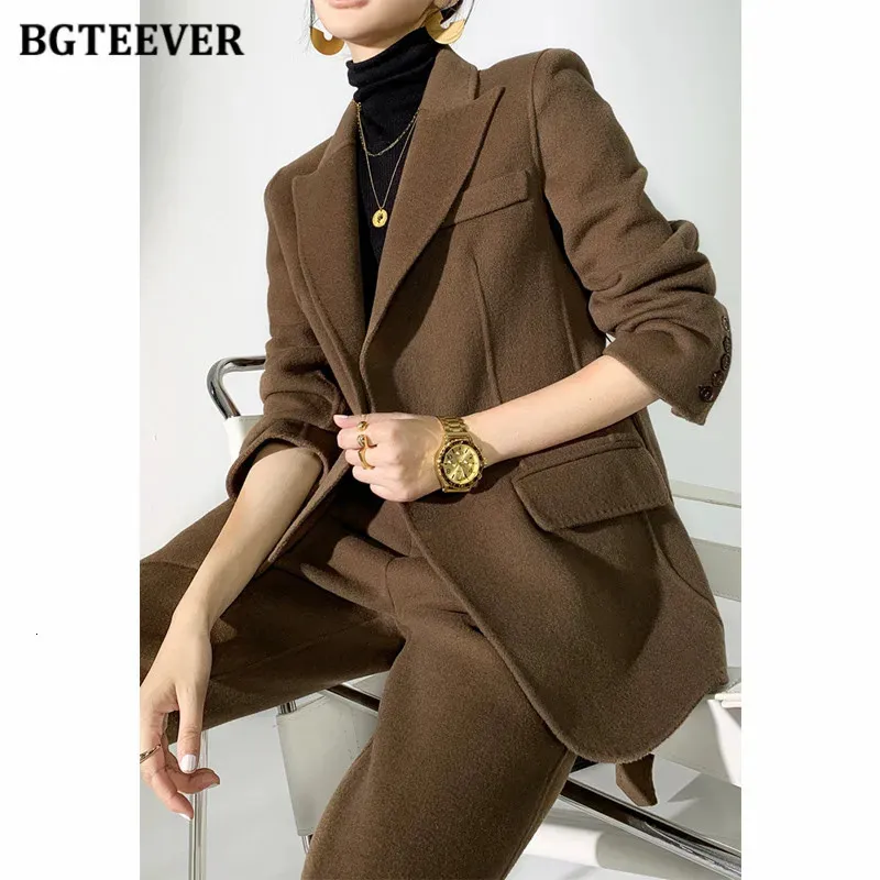 Bgteever Autumn Winter Woolen Pant Suit grube kurtki z paskami panie wełniane spodnie ciepłe spodnie Zestaw kobiety 231221