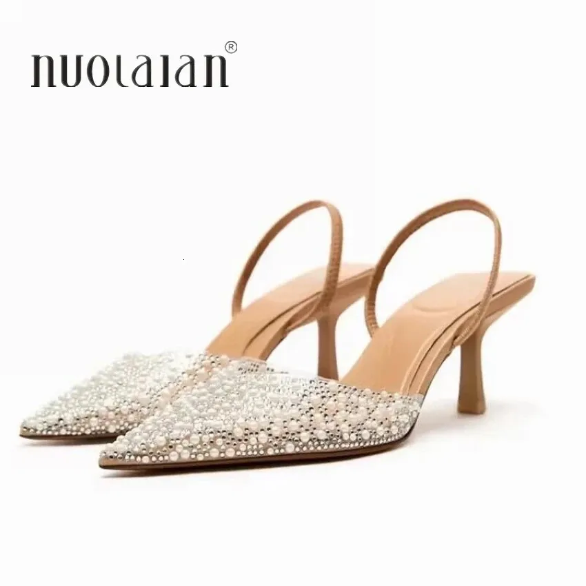 Dress Shoes Fashion Summer Women High Heels Pearl Decoration Slingback Woman Pumps Pointed Toe High Heels Sandals Elegant Woman Shoes 231207