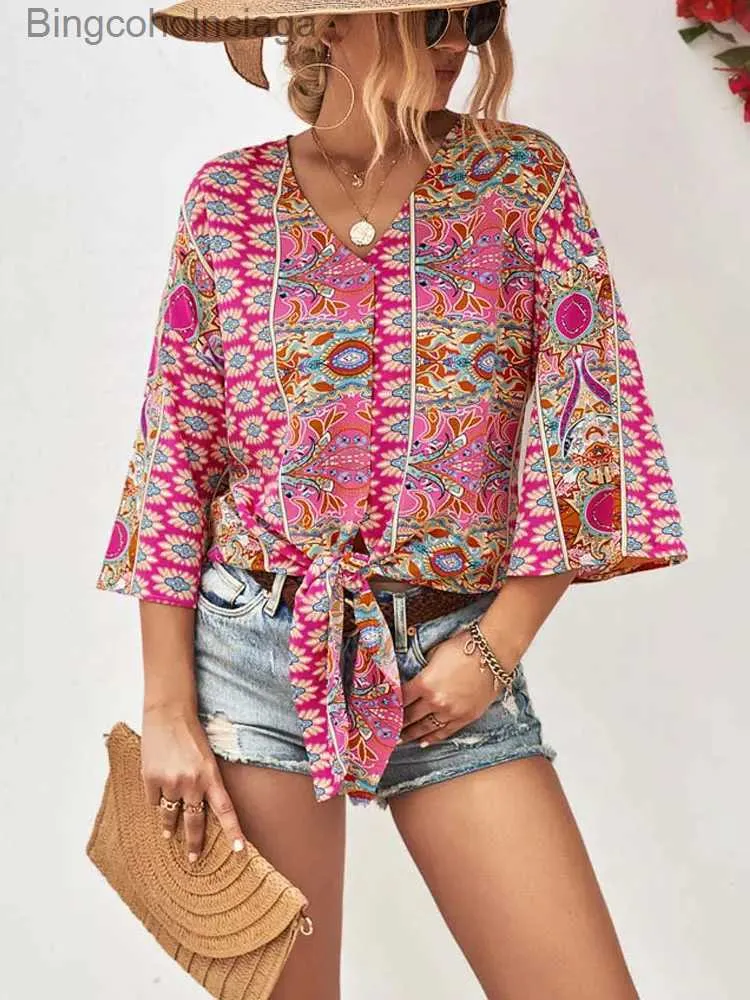 Women's T-Shirt 2023 Summer Floral Boho Blouse Women Short Sle V Neck Print Blouse Ladies Loose Flower Blouse For WomenL231208