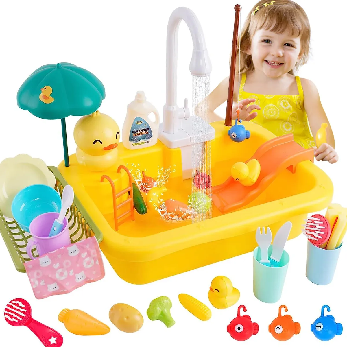 Accessoires de maison de poupée enfants évier de cuisine jouets Simulation lave-vaisselle électrique Mini cuisson nourriture semblant jouer ensemble de jouets enfants rôle filles garçons 231207