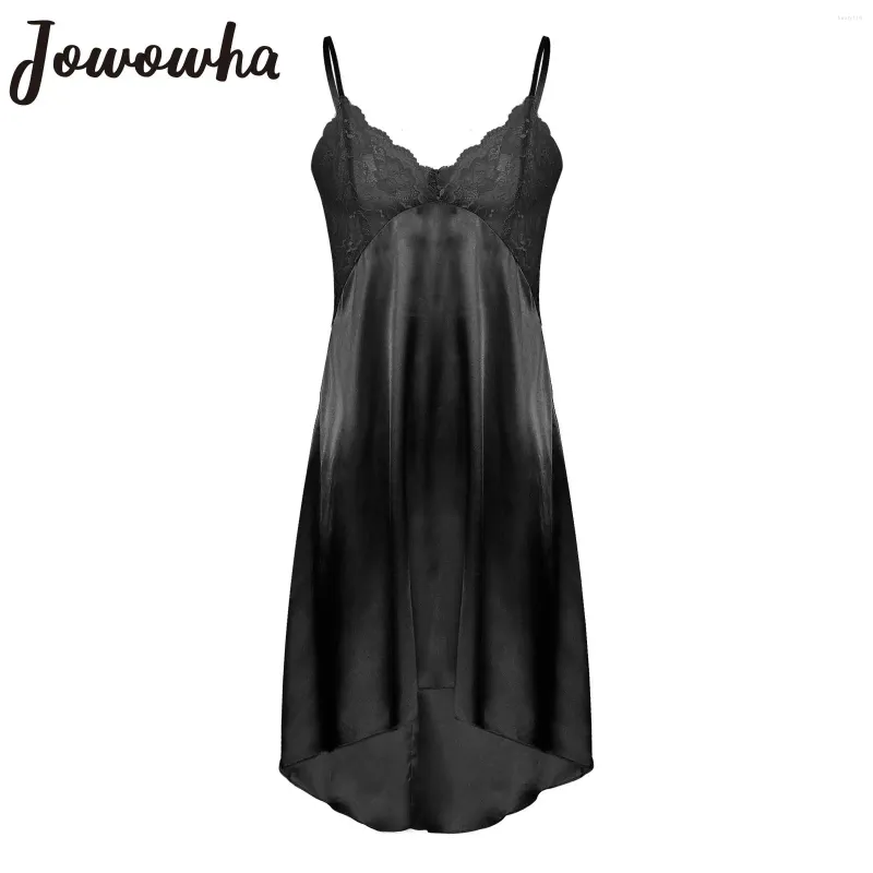 Vêtements de nuit pour hommes Hommes Sissy Satin Chemise de nuit Lingerie Sheer Dentelle Spaghetti Bretelles Col V Robe de sommeil Chemise Crossdresser Vêtements de nuit