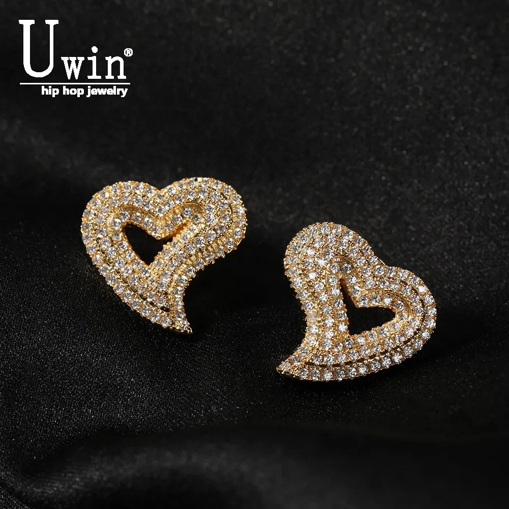 Hoop Huggie Uwin Coeur Boucles D'oreilles Ajouré Plein Glacé Minimaliste Boulon Boucles D'oreilles Bling Micro Pavé Zircon Cubique Bijoux De Mode Cadeau 231208