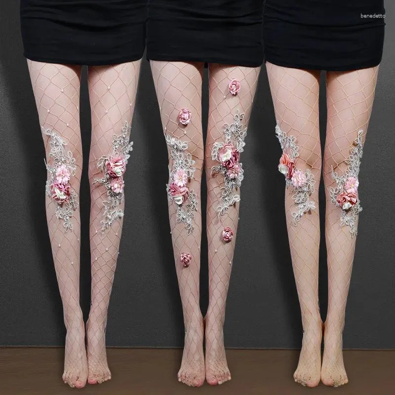 Women Socks 2023 Sexy Pantyhose Handmade Embroidery Pink Flower Style Fishnet Mesh Stockings Elegant Senior Tights