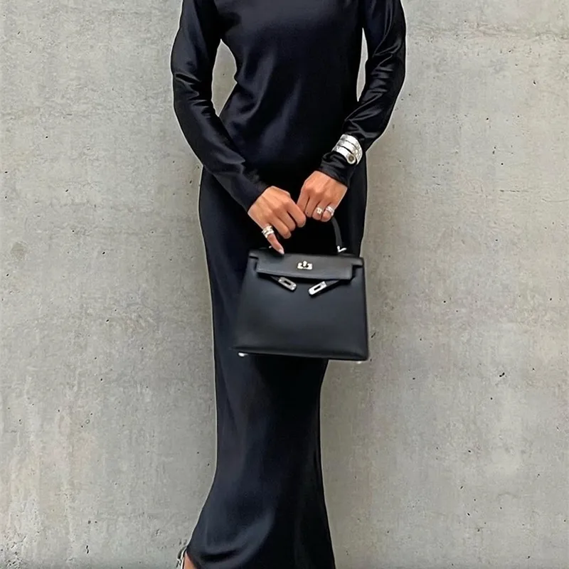 Базовые повседневные платья Clacive, черные атласные женские платья S 2023, элегантное платье до щиколотки с круглым вырезом и длинным рукавом, модное простое шелковистое женское платье 231207