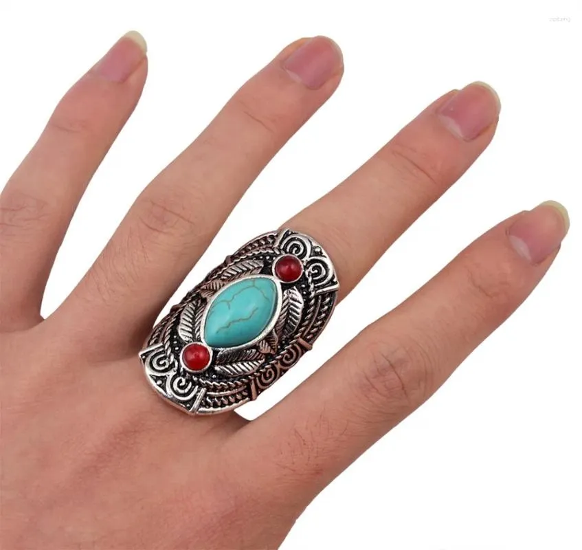 Cluster Rings Boho Ethnic Tibet Turquoise For Women Men Retro Silver Color Adjustable Carved Gypsy Tribal Pakistan Afghan Jewelry