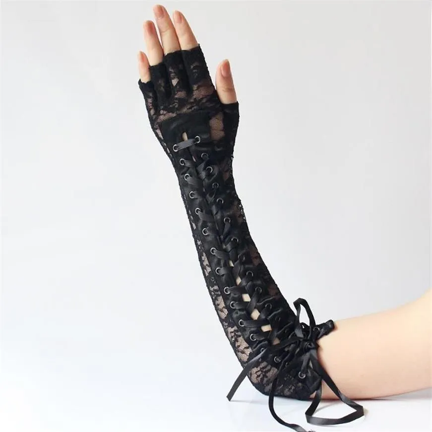 Cinco dedos luvas sexy laço longo cotovelo steampunk sem dedos para festa luvas clubwear cosplay goth acessórios2962