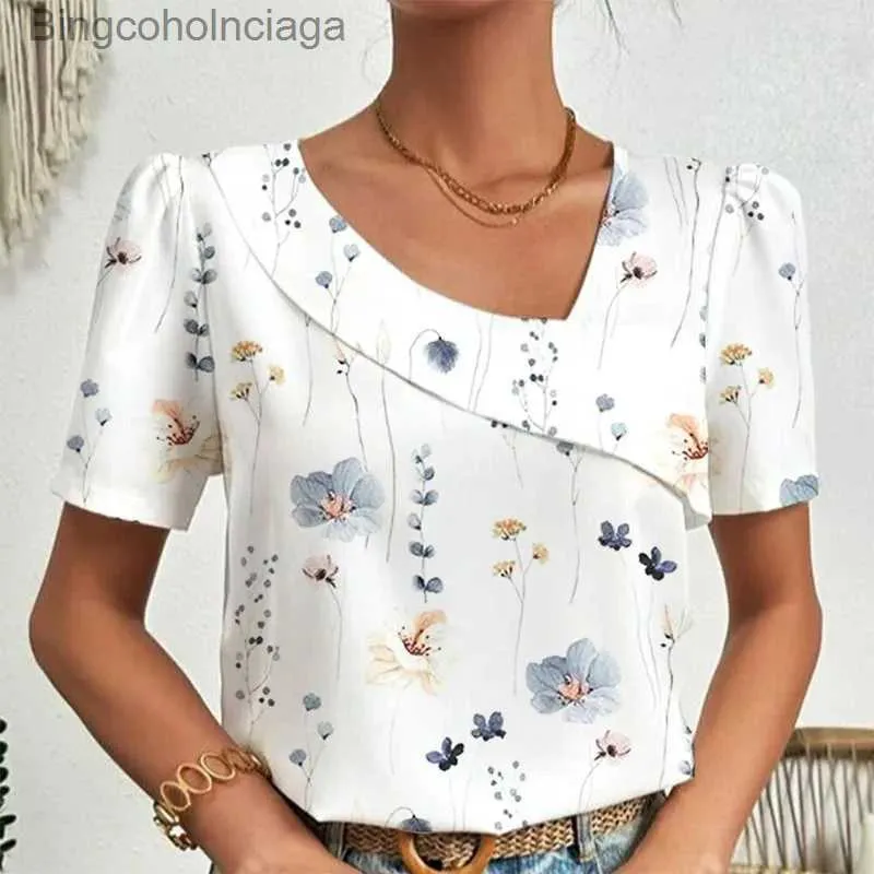 Women's T-Shirt Office Lady Daily Blouse Shirt Fashion Floral Print Short Sle Shirts Blusa Women Casual Pleat Patchwork V-Neck Tops PulloversL231208