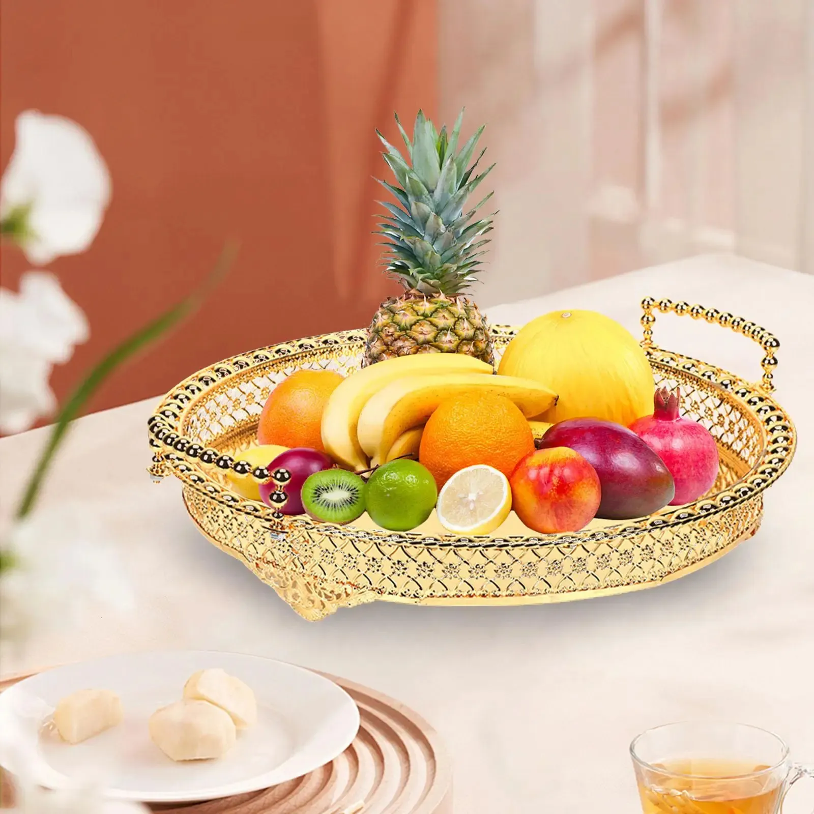 Fruit Storage Basket Iron Jewelry Storage Tray European Style Coffee Tea Trays for Countertop Birthday Home Centerpiece Bathroom