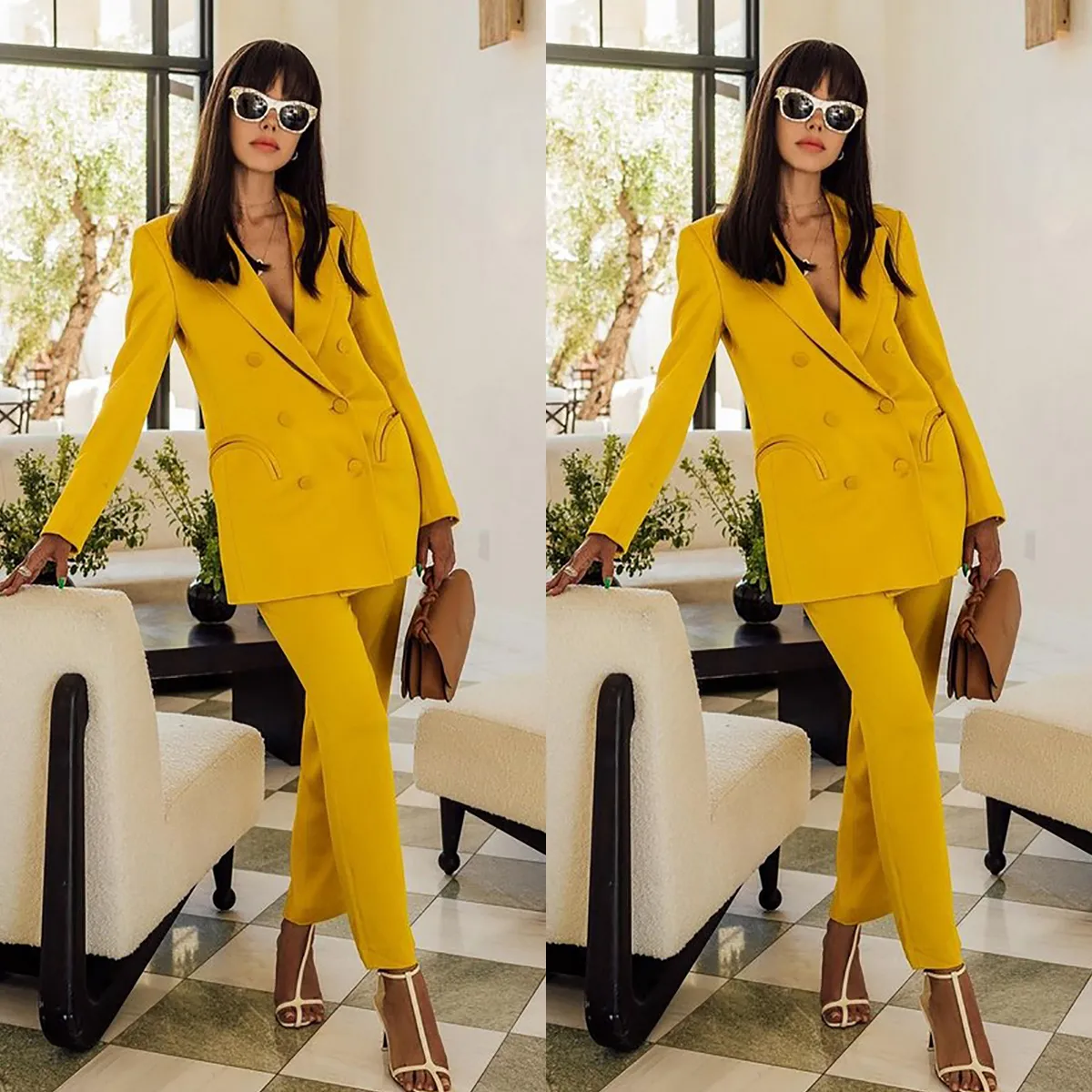 Spring Fashion Gold Women Pants Suits Double Breasted Female Streetwear Sportwear Two Pieces Jacket Blazer Set