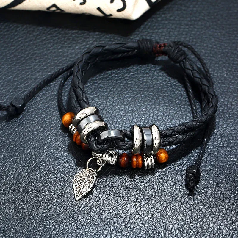 Vintage Multilayer Braided Leather Bracelets for Women Men Wax Rope Leaves Pendant Bracelet Wristbands Adjustable Wrap Bangles