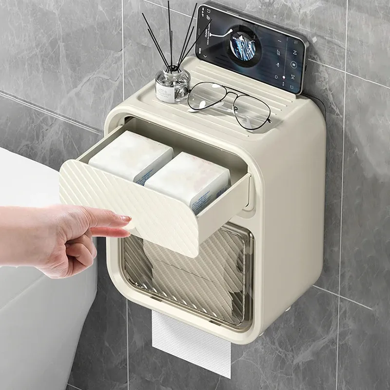 Porta carta igienica Scatola per fazzoletti Luce Bagno di lusso Punch Free Scaffale a doppio strato Cassetto per rotoli a parete Portaoggetti impermeabile 231206