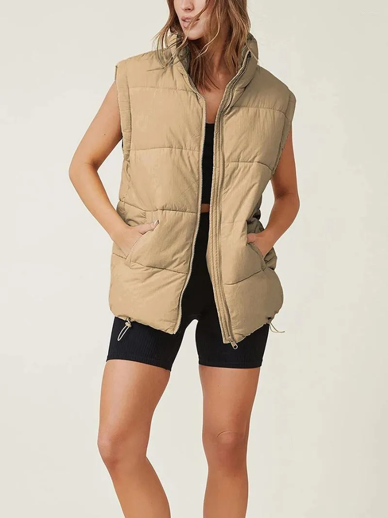 Gilets bouffants pour femmes, couleur unie, col montant, cordon de serrage, gilet matelassé, décontracté, sans manches, veste rembourrée, manteau, hiver