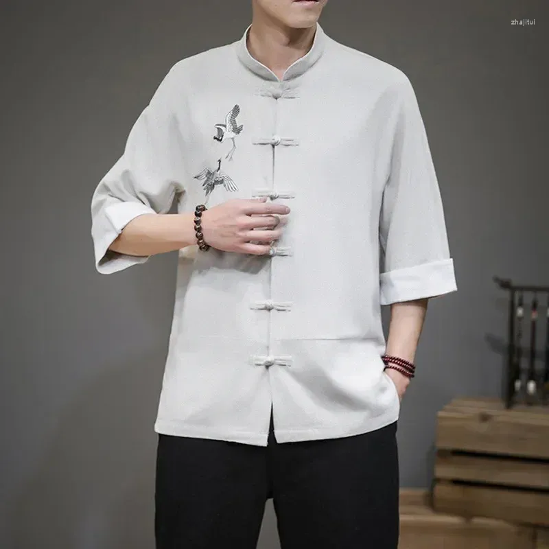 メンズドレスシャツメンズメンメンズストリートウェアマンダリンカラーシャツが半袖のスリムフィット中国の伝統的な服5xl