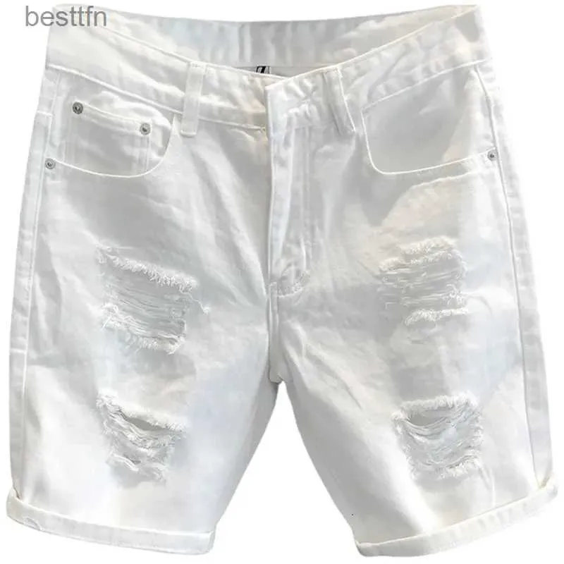 Short déchiré blanc d'été pour hommes, doux et confortable, extensible, décontracté, délavé, en Denim, Cowboy, pantalon court, l231209