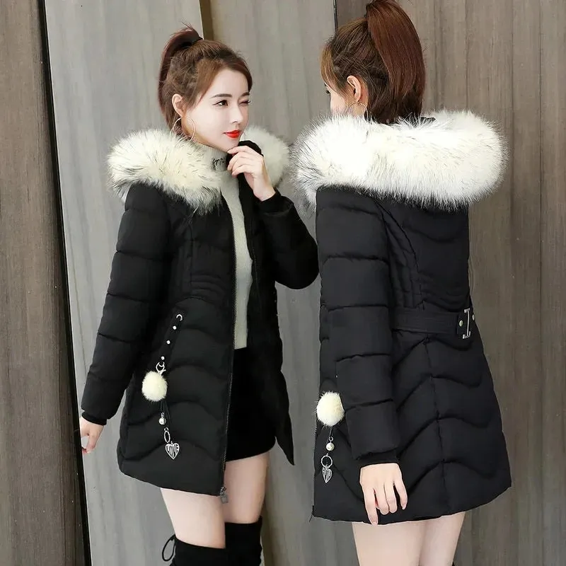 Kvinnor Down Parkas Women Winter Ladies Casual Long Coats Woman Jackets Hooded Päls krage Cotton Warm Coat Outwear 231208