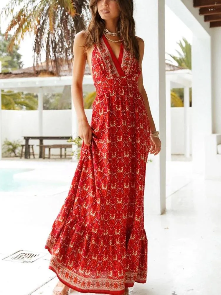 Abiti casual Happie Queens Donna Stampa floreale Halter Senza maniche Backless Beach Bohemian Maxi Dress Ladies Rayon Boho