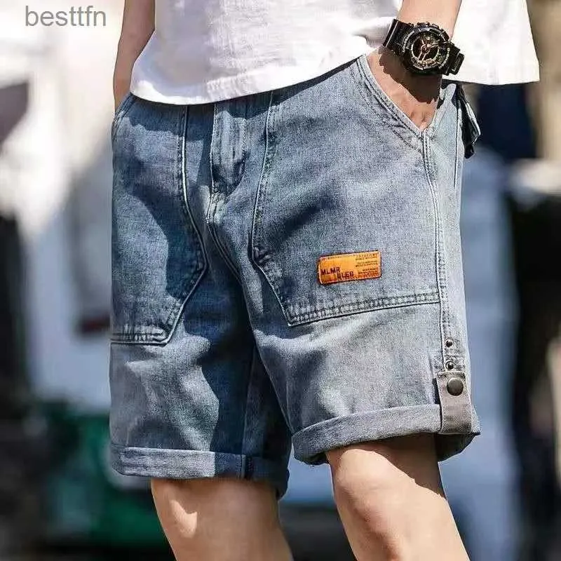 Erkekler Kotlar Erkekler Yaz İnce Gevşek Moda Etiketi Denim Jogger Pantolon Beş Nokta Moda Mavi Bulbeli Şort Jeansl231208