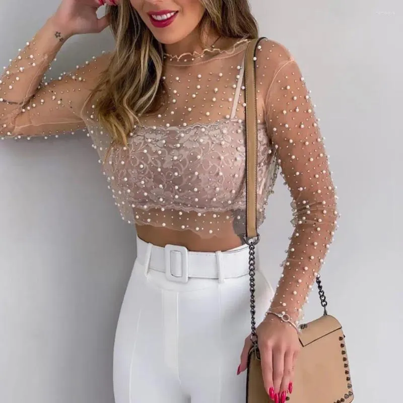 Blouses Femmes Femmes Sexy Mesh Voir à travers T-shirt Brillant Strass Résille Creux Out Crop Top À Manches Longues Plage Cover Up Party Club Tank