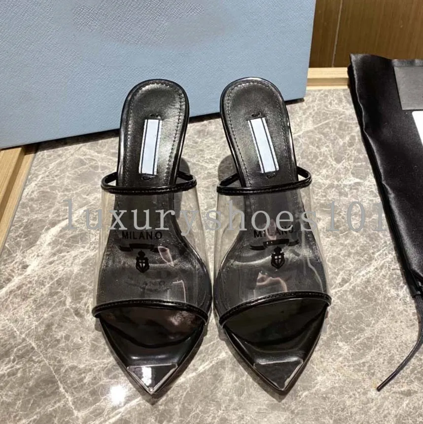 Bulk Womens Triangle Logo Printed Clear PVC Heels Chunky High Heel Silver Metallic Insole Slides Luxury Milano Sandals At Only 37.05 DHgate.Com