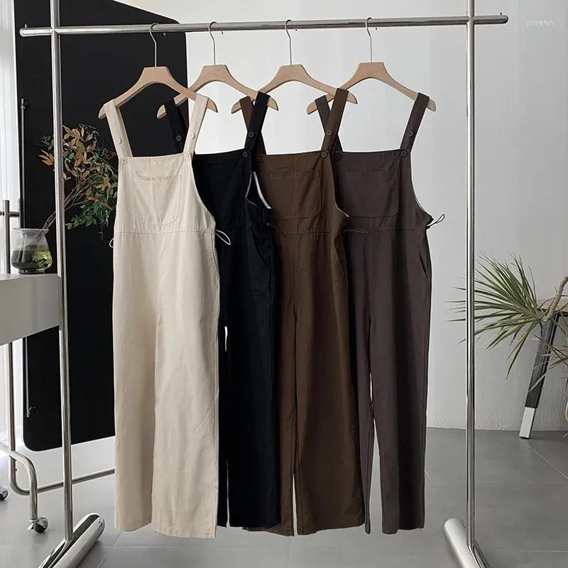 Calças femininas simples macacão sólido para mulheres ajuste macio corda cintura algodão macacão feminino casual versátil perna larga suspender calças