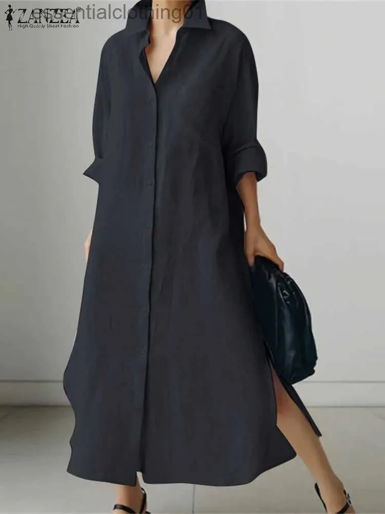 Urban Sexy Dresses ZANZEA Fashion Solid Color Dress Lapel Neck Long Sle Shirtdress Spring Women Elegant Loose Vestidos Vintage Loose Maxi Robe L231208