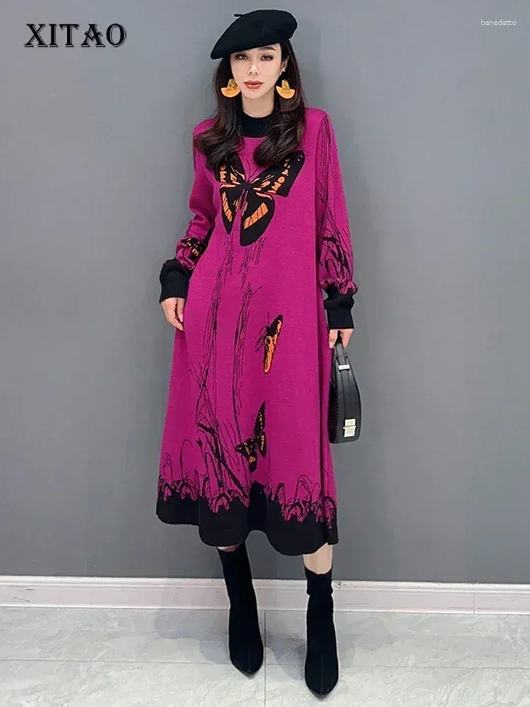 Casual Dresses XITAO Loose Long Sleeve Knitting Dress Fashion Contrast Color Patchwork Butterfly Elegant Women Autumn Trend HQQ1639