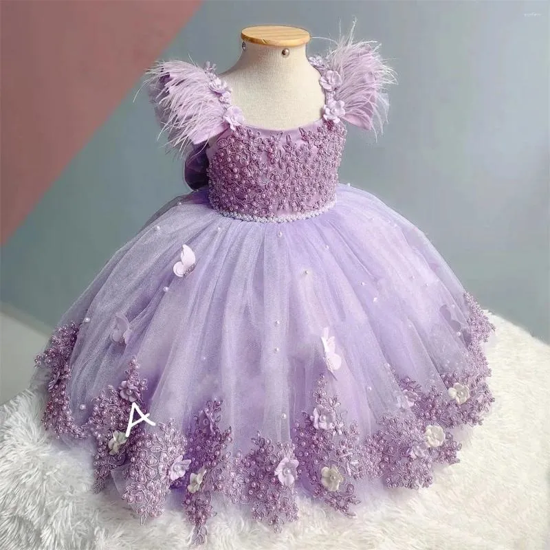 Vestidos de menina lindo lavanda bebê crianças tule festa de aniversário flor pena longo borboletas pérola concurso arco vestido de comunhão