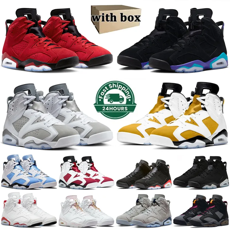 مع Box Jumpman 6 6S كرة السلة أحذية Men Sneakers Georgetown Black Cat Toro Cool Gray Unc Cactus Jack Red Oreo Gold Hoops Mens Mens Switch Sheereakers Size 40-47