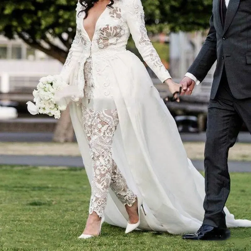 Modern Bridal Jumpsuit with Detachable Skirt Hollow Lace Wedding Dress,  Long Sleeves, V-Neck Elopement Gown for Women