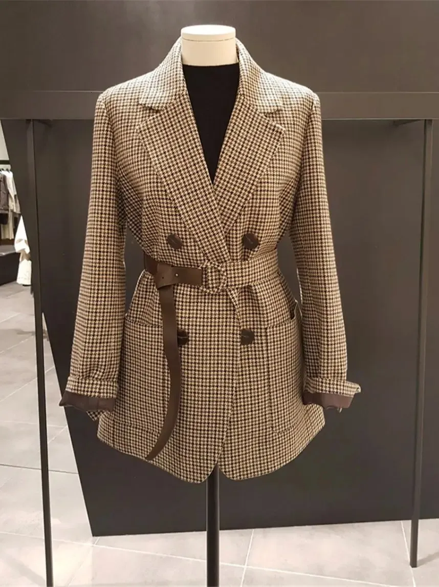 Mulheres ternos blazers mulheres outono sprig vintage duplo breasted escritório senhoras xadrez casaco blazer com cinto manga longa houndstooth jaqueta 231208