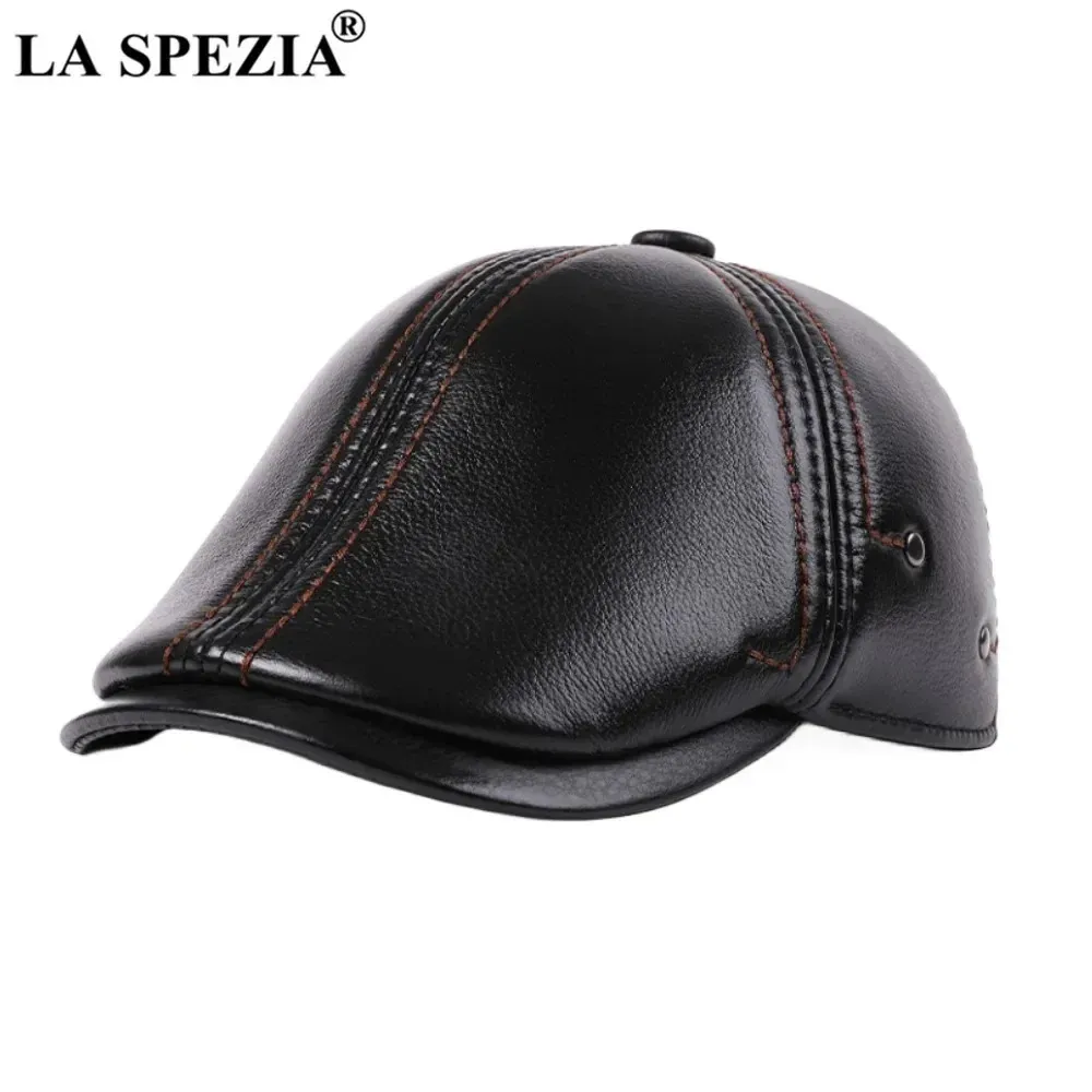 Berets La Spezia Cap Men Winter Beret Hate Leather Hat Men S Black Cowskin Sboy Flat 231208