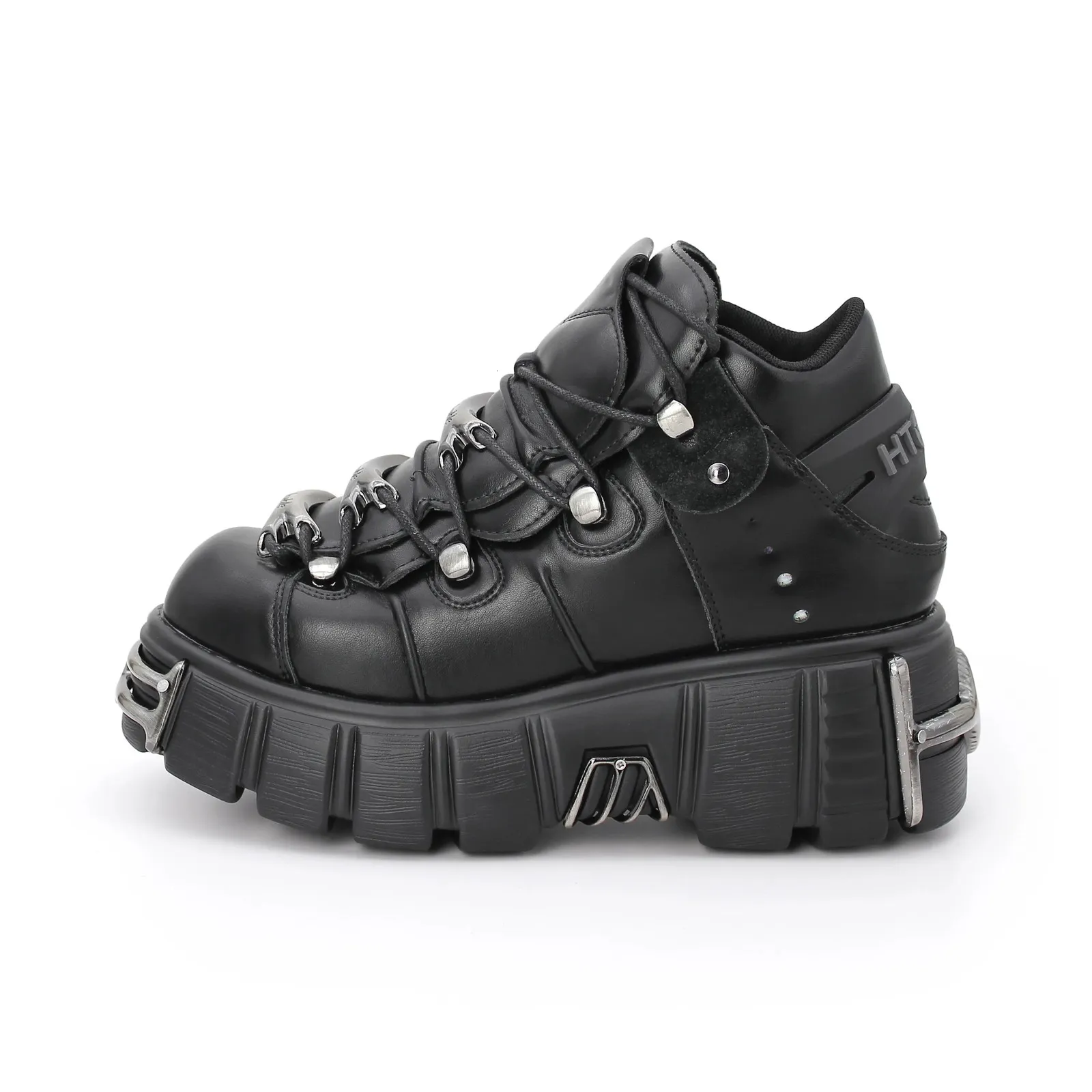 Stövlar punk stil kvinnor skor snörning häl höjd 6 cm plattform skor kvinna gotisk ankel rock stövlar metall dekor kvinna sneakers 231207