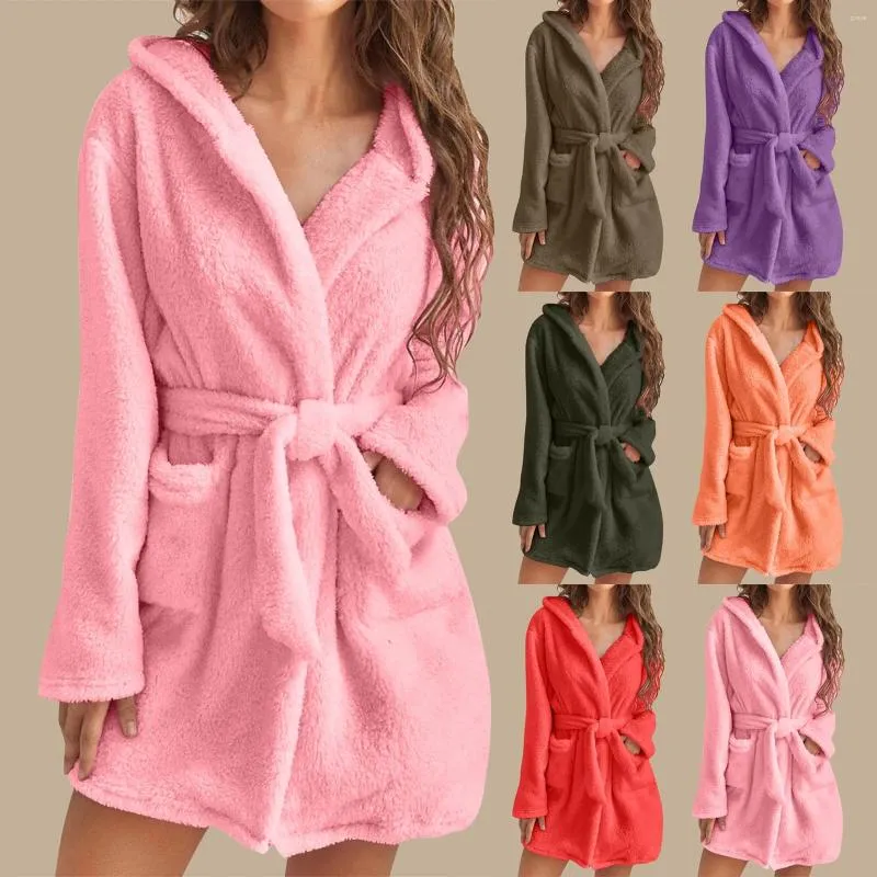 Mulheres sleepwear inverno velo com capuz roupão mulheres macio pelúcia flanela quente senhoras banho robe com bolsos camisola térmica pijamas