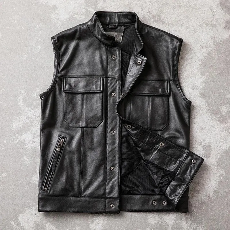 Gilet da uomo Giacche da uomo Colletto alla coreana Senza maniche in pelle da motociclista Gilet in vera pelle di vacchetta Gilet da moto da mucca