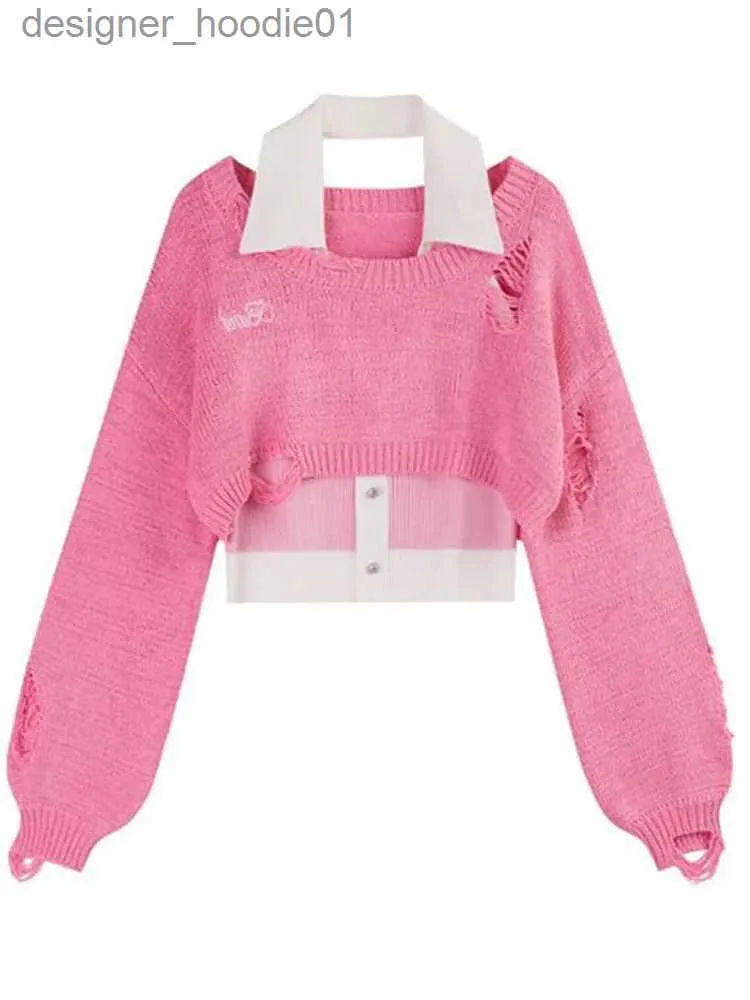 Kvinnors tankar Camis Pink Y2K Women's Sweater Long Sle Crop Tops Fake Two-Piece Sexy Halter Baggy T-Shirt Spring Harajuku Kaii Sweater Pullovers L231208