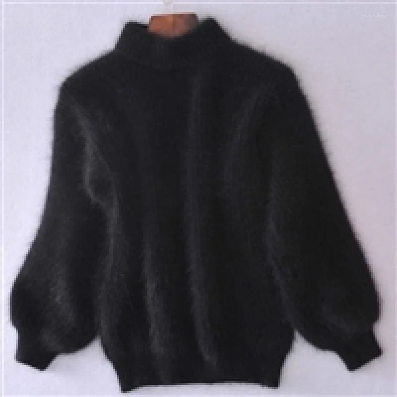 女性用セーター秋の冬の甘いファッションブラックモヘア濃厚タートルネックセーターランタンスリーブカジュアルソリッドカラープルオーバープルフェム