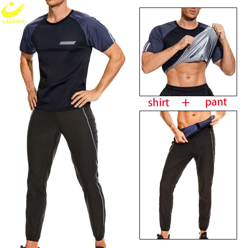 男性サウナセットスウェットスーツパンツ減量Tシャツスリミングレギンストレーニングトップジャケットボディシェーパーファットバーナーフィースジム