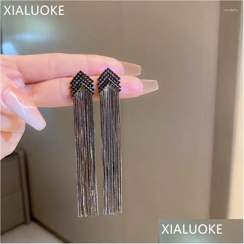 Dangle Avize Küpe Xialuoke Geometrik Üçgen Kristal MTI-Katman Zincir Püskül Vintage Black Party Mücevher Drop Deliv OT1VK