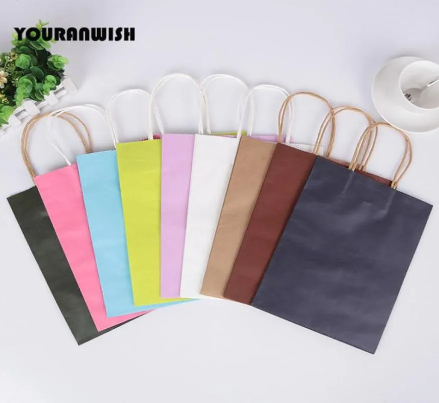 20pcslot White Pink Purple Sky Blue Coffee Kraft paper Gift bag with handle wedding birthday party gift package bags Y11217431966