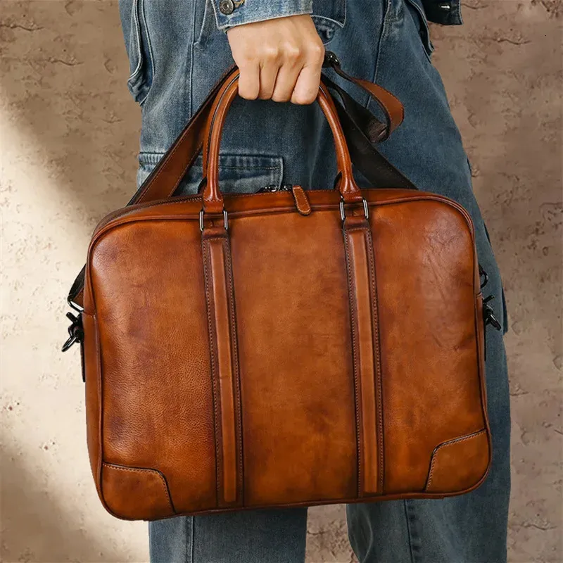 BRESCASES Highend Vintage A4 Brown Full Grain äkta läder Executive 14 '' 15.6 '' Laptop Men Portcase Messenger Bag Portfolio Handbag 231207