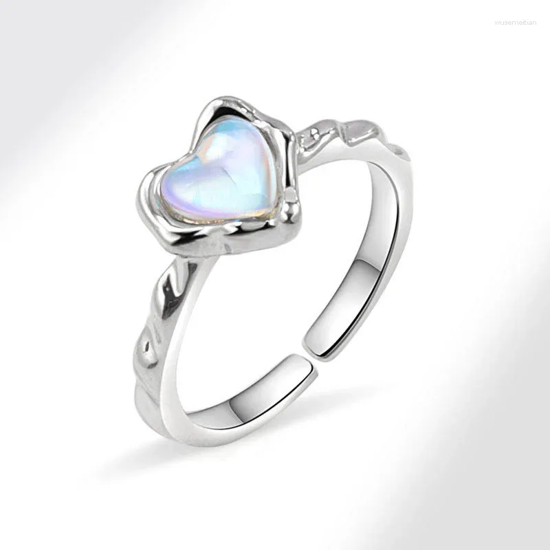 Cluster Rings 925 Silver Plated Retro Moonstone Love Heart Adjustable Opening For Women Party Wedding Jewelry Anillo Jz855