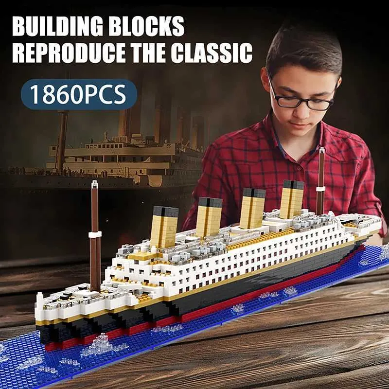 Blocks Titanic Creative Luxury Iceberg Cruise Ship Boat Wreck Set City DIYモデルビルディングブロック子供向けのレンガのおもちゃ大人ギフトR231208