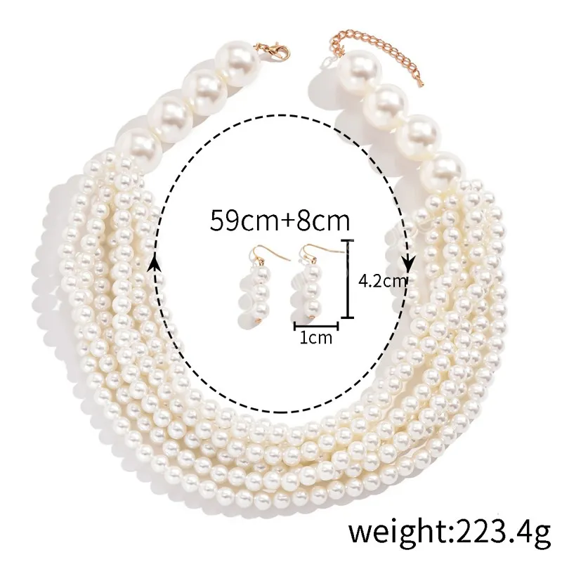 Multi-Layer White Imitation Pearl Necklace Earring Set Bead Chain Ladies Wedding Clavicle Necklace Girl Charm Banquet Jewelry