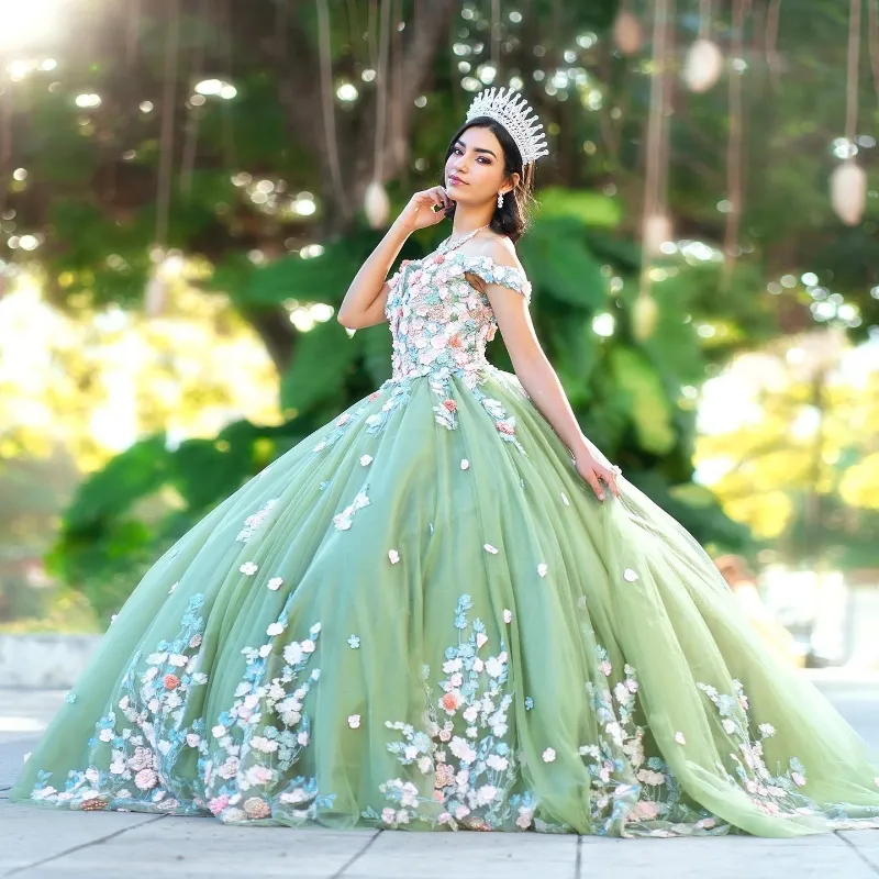 Sage Green Sweetheart Quinceanera Dress Ball Gown Mexican 3D Flowers Applique Lace Sweet 16 Princess Vestidos De XV Anos 15