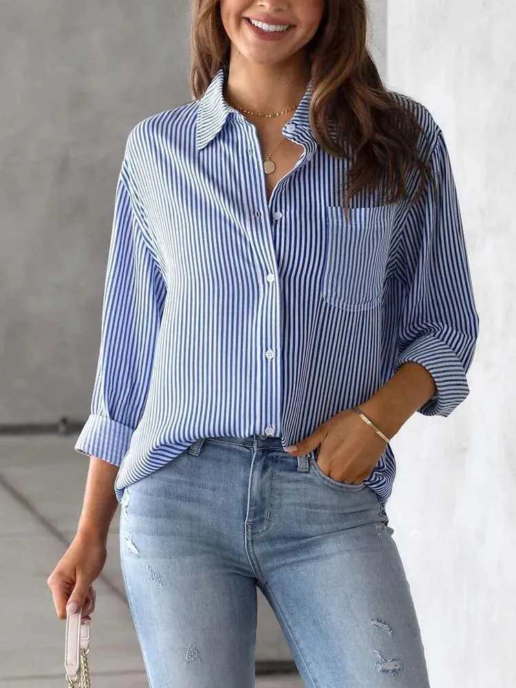 Camicette da donna Camicie 2023 Camicia a righe autunno Donna Office Ladies Button Up Donna Manica lunga casual allentata per 231207