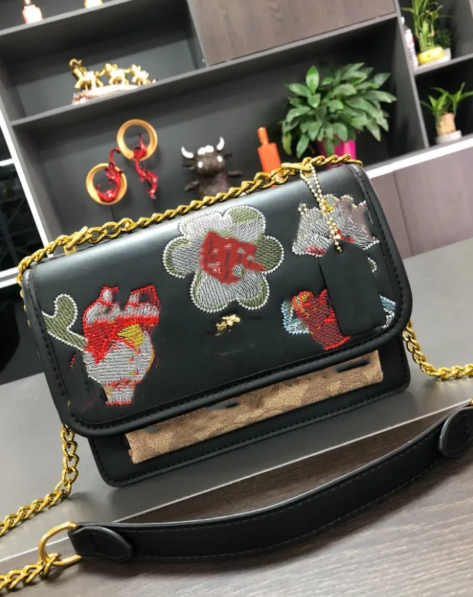 Fashion Lychee Pattern Printed Chain Bag Flower Embroidery File Holder Small Square Bags