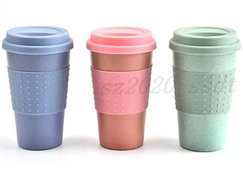 newest 12oz wheat straw fiber water cup car silicone coffee cup plastic personality mug with lid free